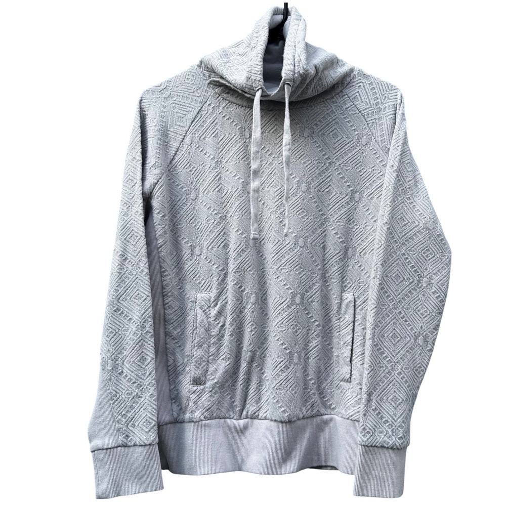 Prana Textured Geometric Cowl Neck Faux Hoodie Sweatshirt Light Gray Size S